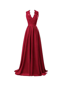Anneprom A-Line V Neck Open Back Chiffon Long Evening Gown With Lace APB0016