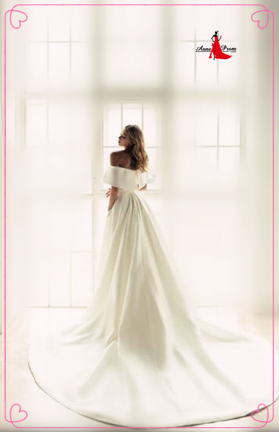 Anneprom Off the Shoulder White Ball Gown Simple Wedding Dress, Satin Bridal Gown APW0332