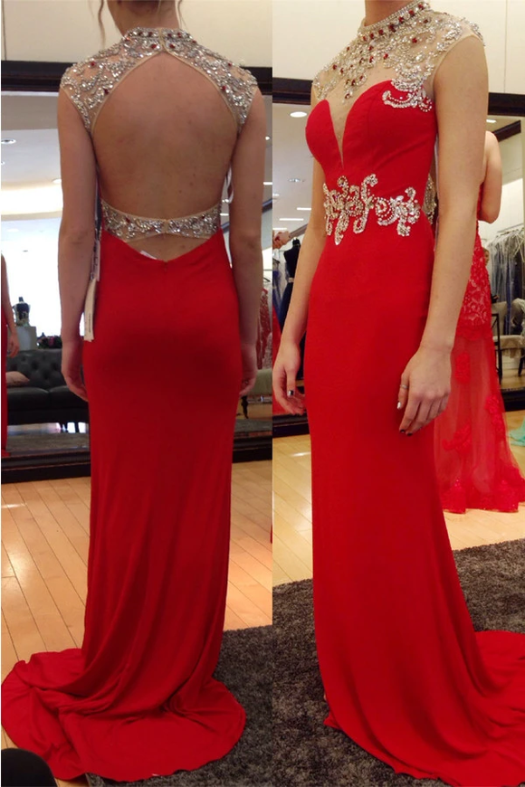 Anneprom High Neck Sweep Train Chiffon Red Prom Dress Evening Gowns With Beading APP0070