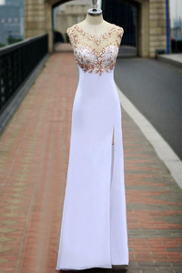 Anneprom Scoop Chiffon Open Back White Long Prom Dress With Crystal APP0017