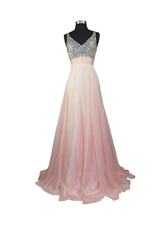 Anneprom A Line V-Neck Formal Chiffon Prom Dress With Beading APB0020