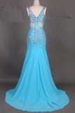 Anneprom Elegant V-Neck Mermaid Court Train Chiffon Prom Dresses With Beading APP0073