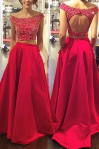 Anneprom Two Piece Off-The-Shoulder Open Back Prom Dresses With Beading APP0074