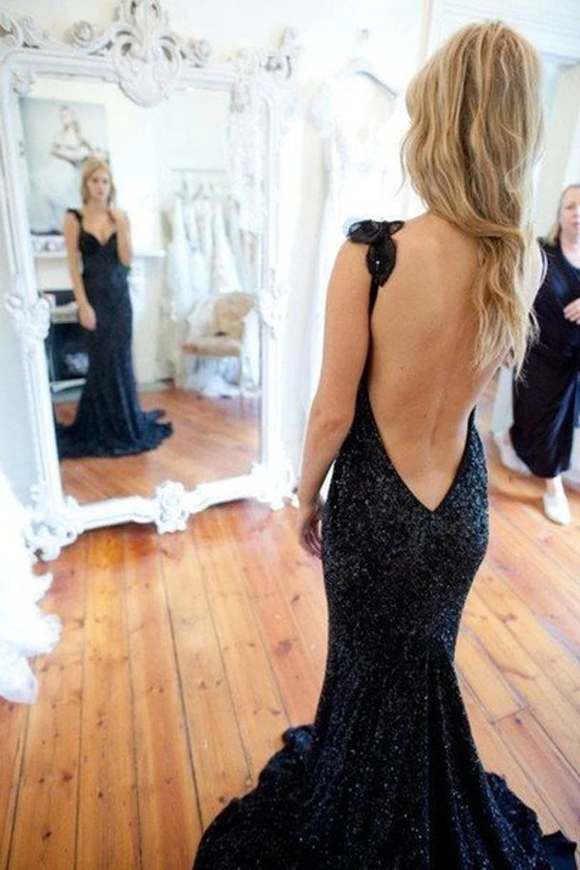 Anneprom V-Neck Lace Prom Dresses Backless Party Dresses Evening Gowns APP0075