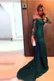 Anneprom Off The Shoulder Long Sleeves Mermaid Lace Evening Dress Prom Dresses APP0078