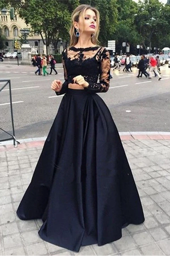 Anneprom Bateau Neck Two Piece Long Sleeves Lace Evening Dress Prom Dresses APP0079