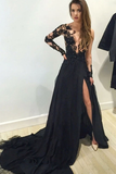 Anneprom A-Line V-Neck Long Sleeves Appliques Black Evening Gowns Prom Dresses APP0080