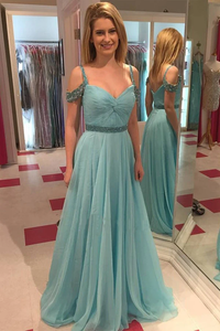 Anneprom A-Line Straps Sweetheart Chiffon Long Prom Dresses With Beading APP0084