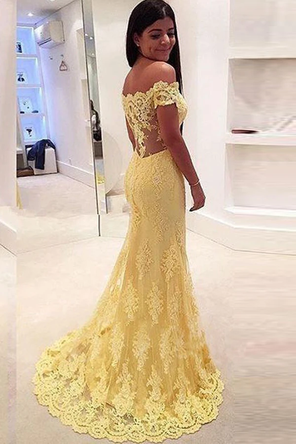 Anneprom Off-The-Shoulder Mermaid Lace Court Train Prom Dresses Evening Dresses APP0088