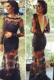 Anneprom Mermaid Lace Long Sleeves Open Back Prom Dresses Evening Gowns APP0089