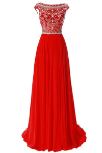 Anneprom Scoop Chiffon Red Long Prom Dress Evening Gowns With Beading APP0019