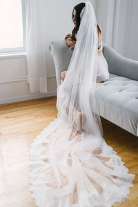Alencon Lace Trim Long Ivory Veil for Wedding APWV0006