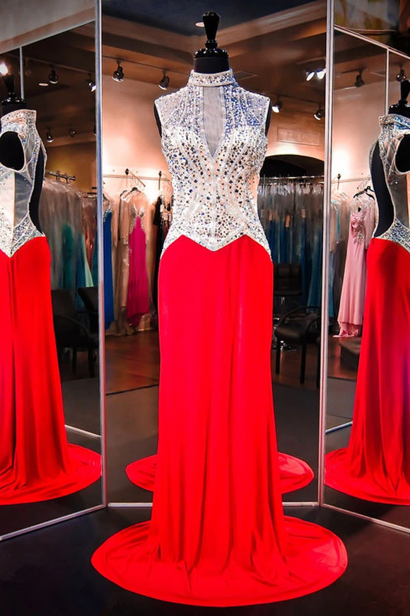 Anneprom High Neck Sleeveless Red Evening Dresses Prom Dresses With Beading APP0090