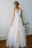 Anneprom Simple Lace Applique A Line V Neck Tulle Beach Wedding Dress APW0123