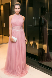 Anneprom Halter Open-Back Long Candy-Pink Sleeveless Beaded Evening Dress APP0098