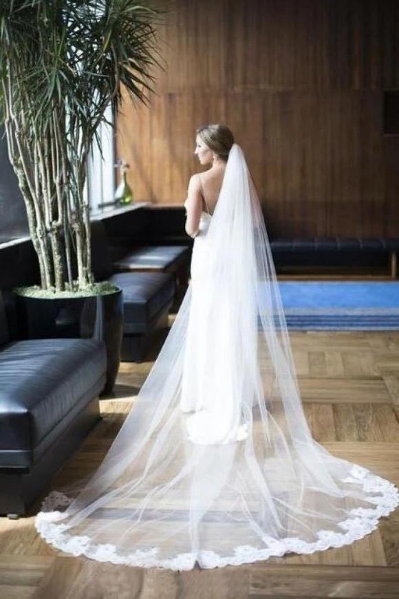 Alencon Lace Partial Applique Long Veil for Wedding APWV0007