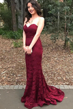 Anneprom Sweetheart Mermaid Sweep Train Burgundy Lace Prom Dress APP0104