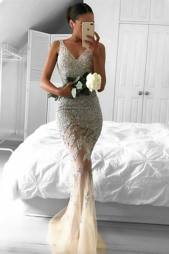 Anneprom Mermaid Lace Appliques Sleeveless Beads Tulle Evening Dress APP0106