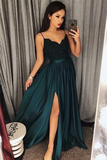 Anneprom Sexy Dark Green V-Neck Lace Bodice Prom/Evening Dres Slit Side APP0005