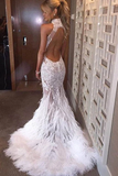 Anneprom Halter Neck Feather Mermaid Appliques Prom Dress With Court Train APP0111