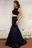 Anneprom Elegant Two Piece Black Mermaid Sweep Train Prom Dress With Beading APP0113