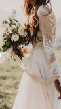 Anneprom Vintage Long Sleeve Ivory Lace Chiffon Scoop Wedding Dresses Country Wedding Gowns APW0376