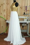 Anneprom Simple Round Neck Sweep Train Open Back White Prom Dresses With Sequins APP0115