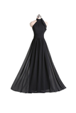Anneprom A-Line Halter Floor Length Chiffon Black Bridesmaid Dress With Pleats APB0053