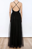 Anneprom Sexy Black V Neck Side Slit Tulle Evening Gowns Prom Dresses APP0117