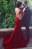 Anneprom V Neck Cap Sleeves Long Backless Red Mermaid Prom Dress With Beading APP0119