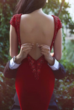 Anneprom V Neck Cap Sleeves Long Backless Red Mermaid Prom Dress With Beading APP0119