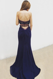 Anneprom Two Piece Mermaid Halter Long Navy Blue Prom Dress With Beading APP0121