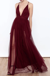 Anneprom Sexy Deep V Neck Tulle High Slit Burgundy Prom Dresses Evening Dresses APP0122