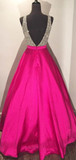Anneprom V-Neck Floor-Length Ball Gown Hot Pink Satin Prom Dress With Beading APP0126