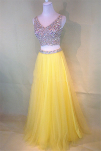 Anneprom Two-Piece Beaded Sleeveless V-Neck Tulle Yellow Prom Dresses APP0127