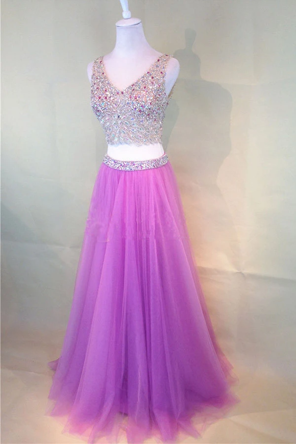 Anneprom Fuchsia Pink Two-Piece Fashion Beaded V-Neck Tulle Prom Dress APP0128