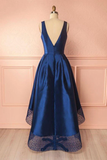Anneprom Deep Blue V Neck High Low Lace Satin Prom Dresses Bridesmaid Dresses APP0131