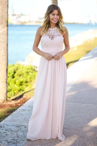 Anneprom Floor-Length Open Back Pink Chiffon Bridesmaid Dress With Lace APB0067