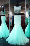 Anneprom Mermaid Neck Lace Tulle Floor-Length Beading Two Piece Prom Dresses APP0132