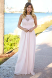 Anneprom Floor-Length Open Back Pink Chiffon Bridesmaid Dress With Lace APB0067