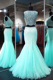 Anneprom Mermaid Neck Lace Tulle Floor-Length Beading Two Piece Prom Dresses APP0132