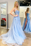 Anneprom Spaghetti Straps High Slit Evening Dress Appliqued Sweep Train Long Prom Dress APP0007