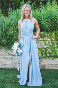 Anneprom Floor-Length High Split Blue Chiffon Sleeveless Bridesmaid Dress APB0074