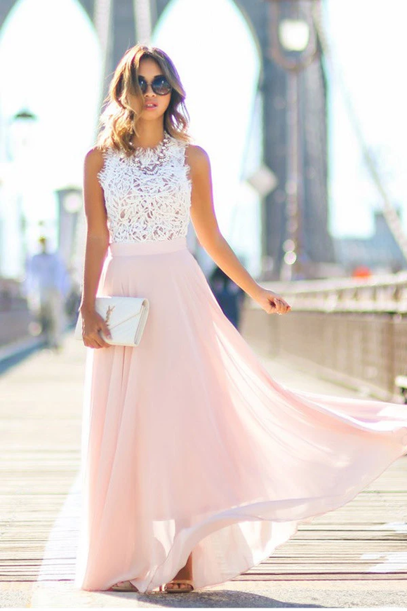 Anneprom Gorgeous Crew Long Pink Chiffon Prom Dress With White Lace Top APP0139