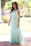 Anneprom A-Line Crew Floor-Length Mint Chiffon Bridesmaid Dress With Lace APB0075