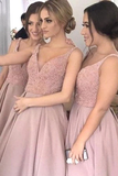 Anneprom Deep V-Neck Floor-Length Blush Satin Bridesmaid Dress With Beading APB0076