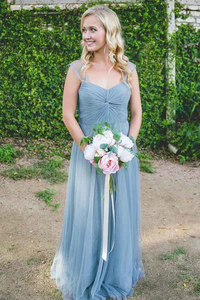 Anneprom A-Line Floor-Length Turquoise Sleeveless Tulle Bridesmaid Dress APB0077