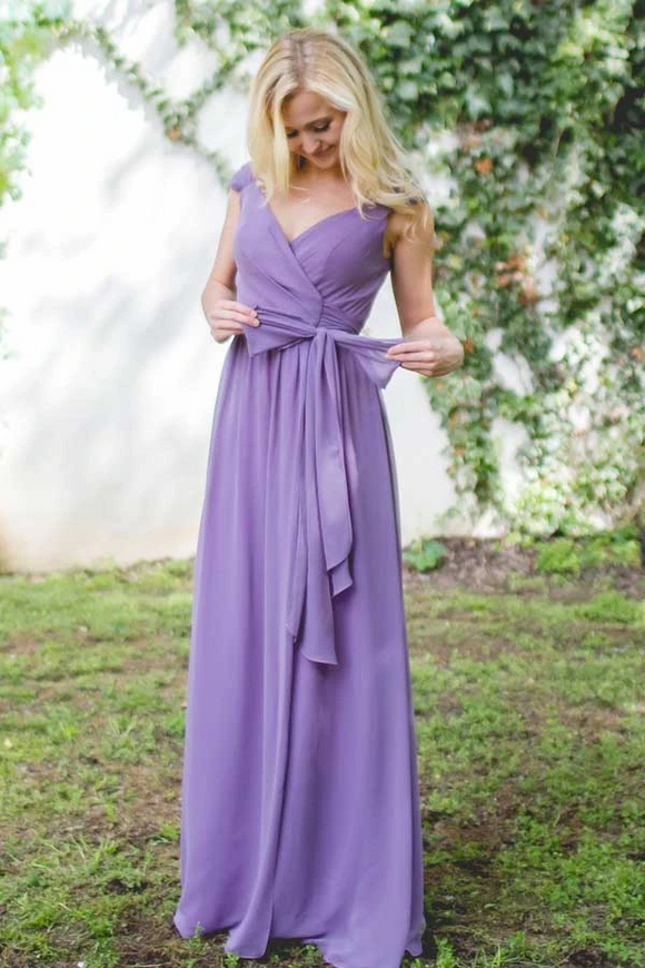 Anneprom V-Neck Cap Sleeves Lace-Up Purple Long Chiffon Bridesmaid Dress APB0078