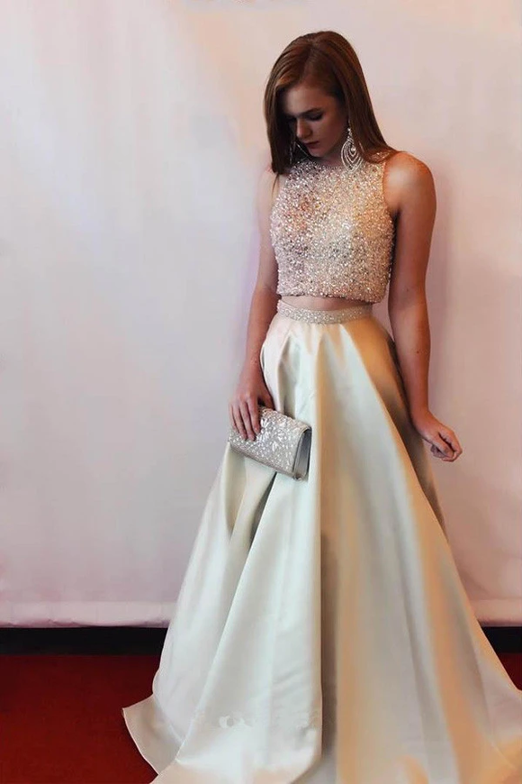 Anneprom Two-Piece Beaded A-Line Sleeveless Satin Long Prom Dress Even Anneprom Two-Piece Beaded A-Line Sleeveless Satin Long Prom Dress Even