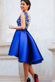 Anneprom A-Line V-Neck Backless Short Royal Blue Satin Homecoming Dress With Lace APP0147